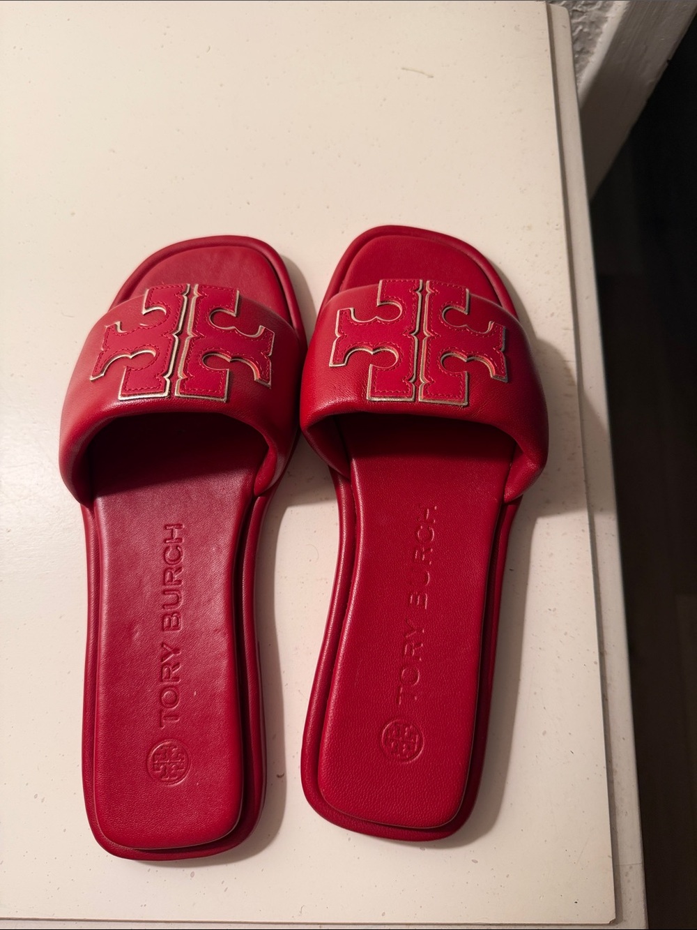 Tory Burch Red Logo Slide Sandals with Embossed Emblem